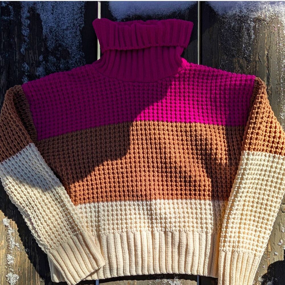 Hippie Rose Waffle Knit Turtleneck Sweater S Pink Colorblock Dopamine Y2K